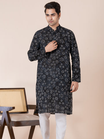 Mens Black Floral Printed Cotton Kurta