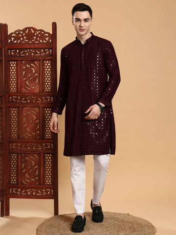 Mens Purple Sequins Work Viscose Rayon Kurta