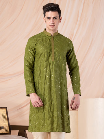 Mens Green Thread & Sequins Work Cotton Kurta