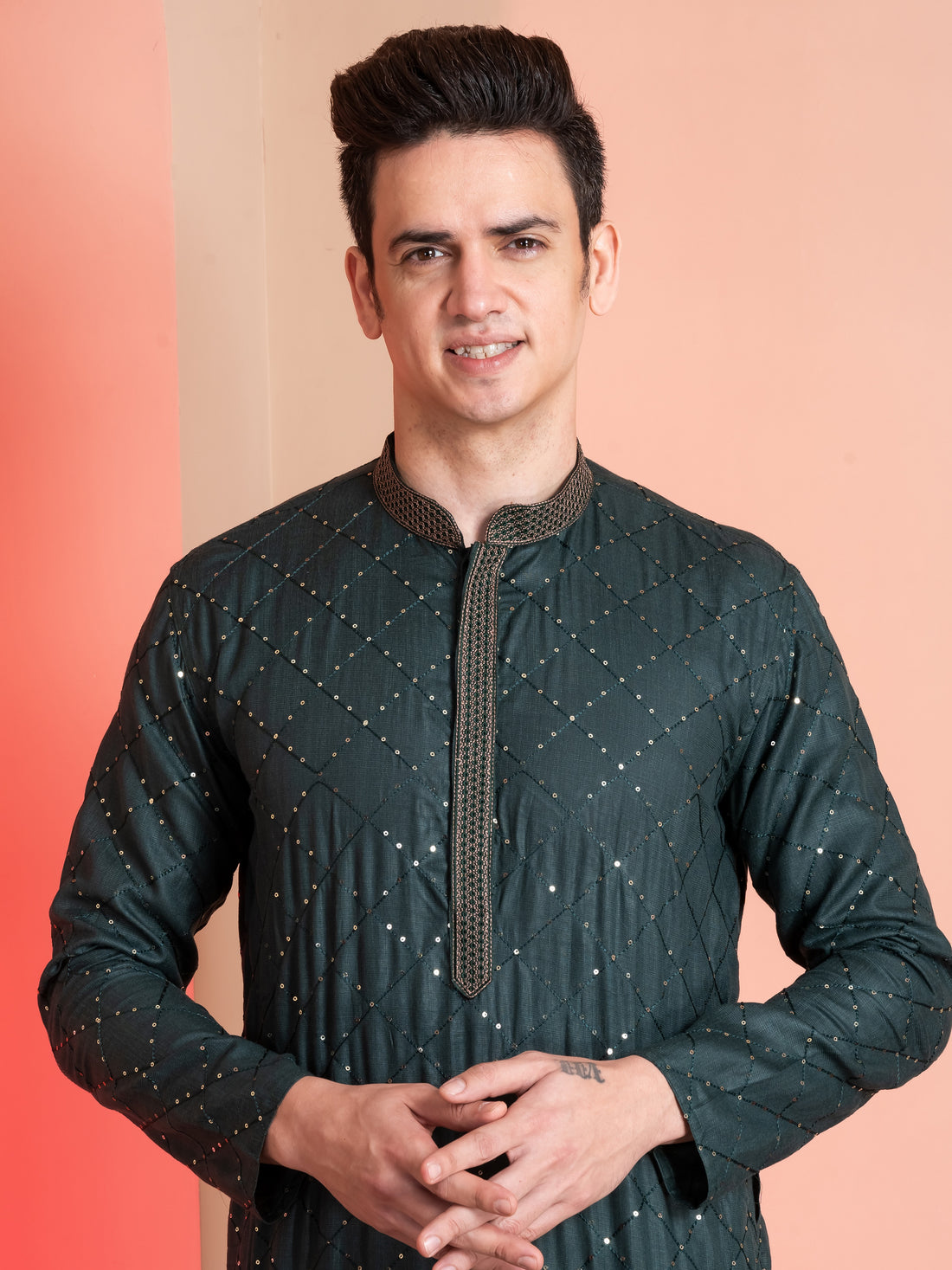 Mens Teal Green Thread & Sequins Work Cotton Kurta