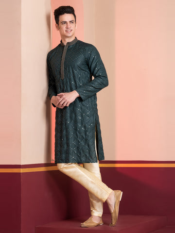 Mens Teal Green Thread & Sequins Work Cotton Kurta