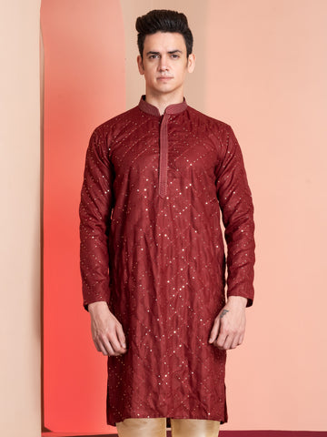 Mens Red Thread & Sequins Work Cotton Kurta