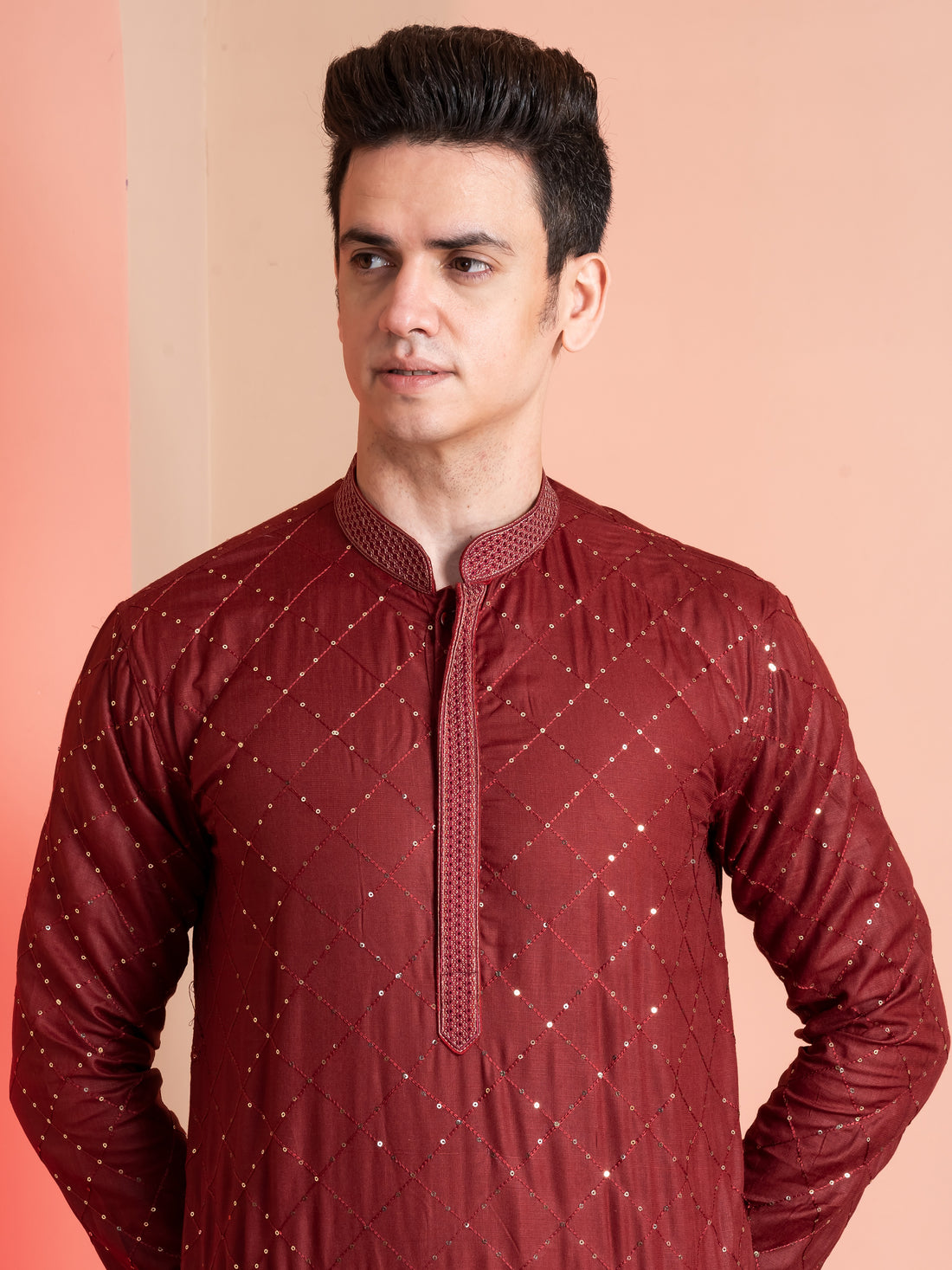 Mens Red Thread & Sequins Work Cotton Kurta