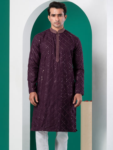 Mens Purple Thread & Sequins Work Cotton Kurta