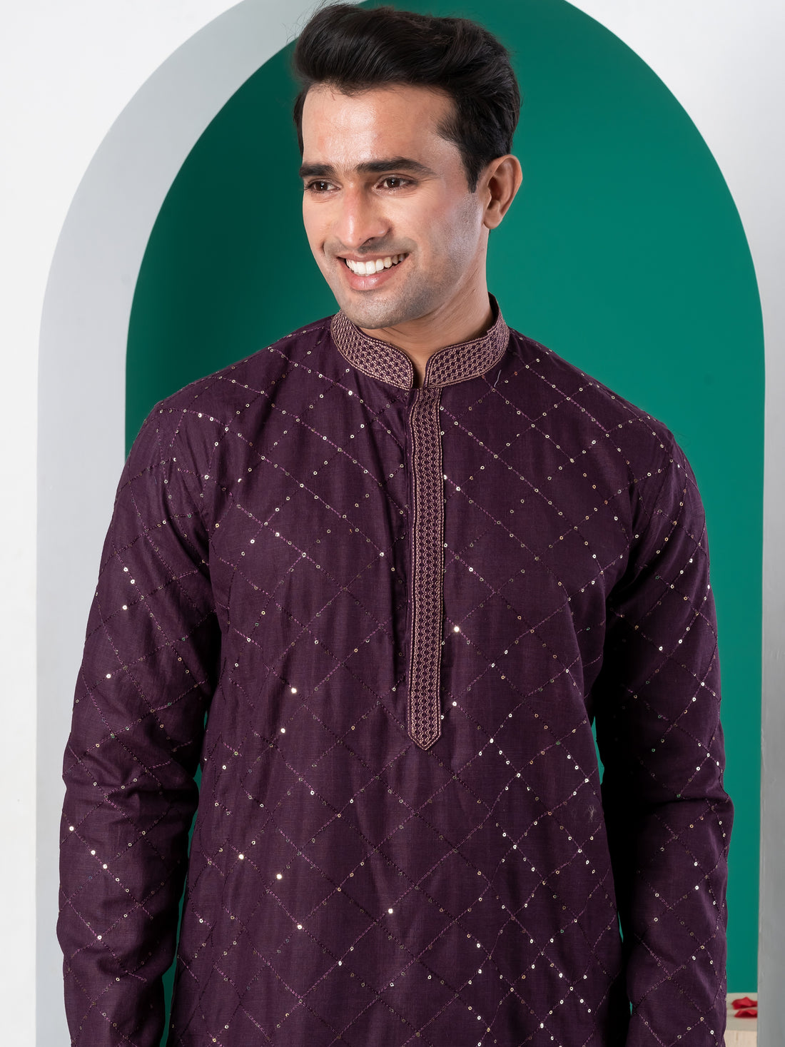 Mens Purple Thread & Sequins Work Cotton Kurta