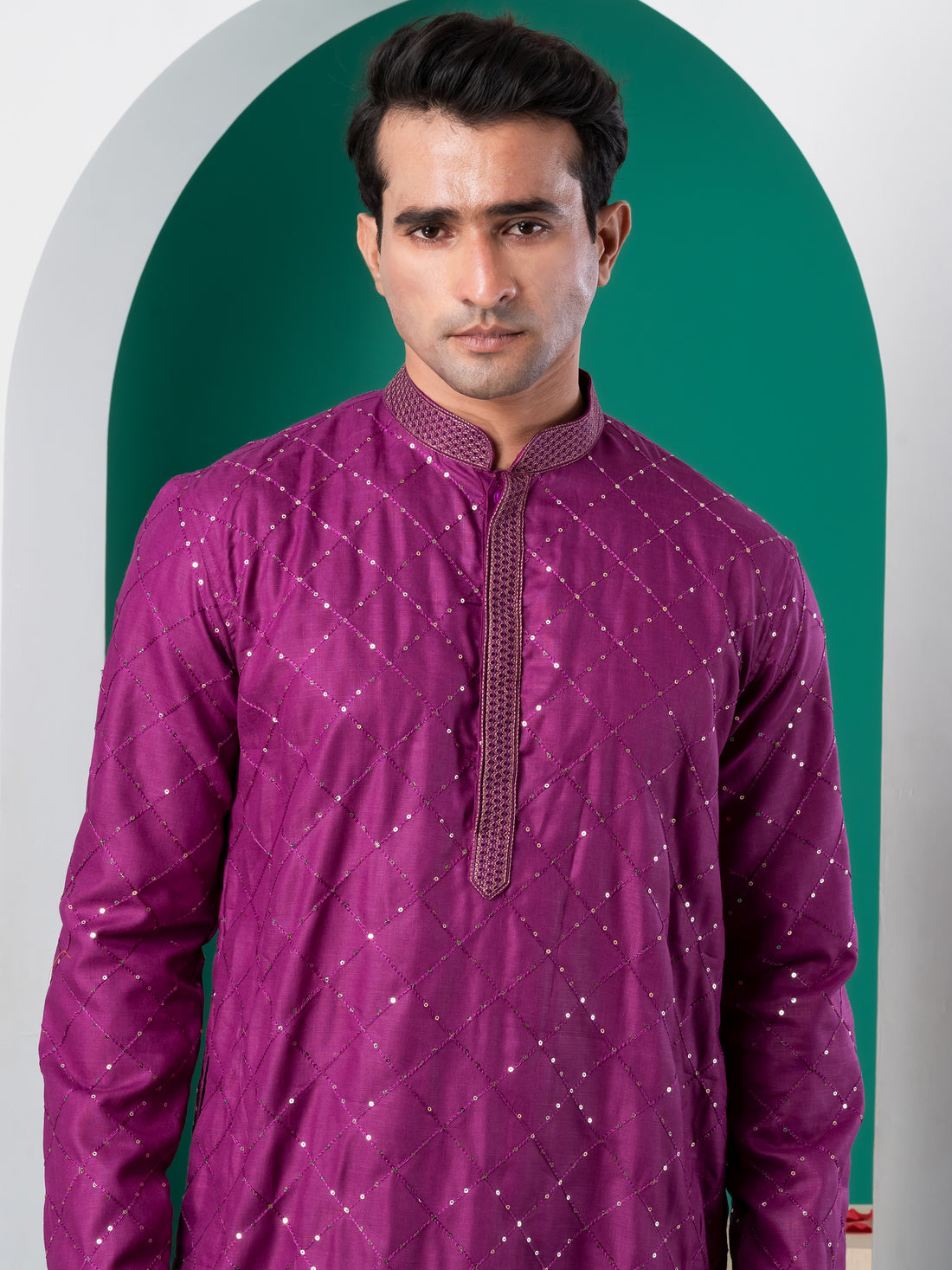Mens Purple Thread & Sequins Work Cotton Kurta