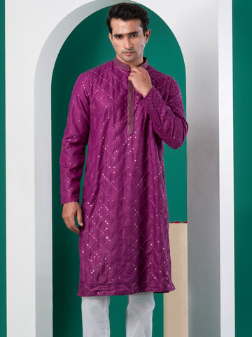 Mens Purple Thread & Sequins Work Cotton Kurta