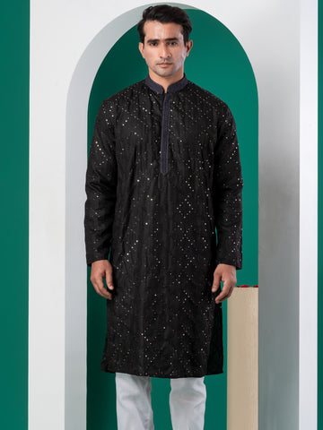 Mens Black Thread & Sequins Work Cotton Kurta