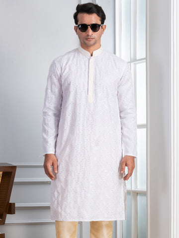 Mens White Thread & Sequins Work Cotton Kurta
