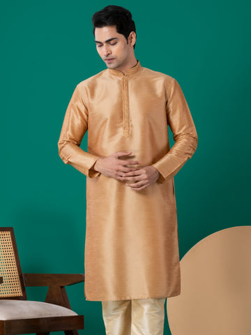 Mens Beige Embroidered Art Silk Kurta