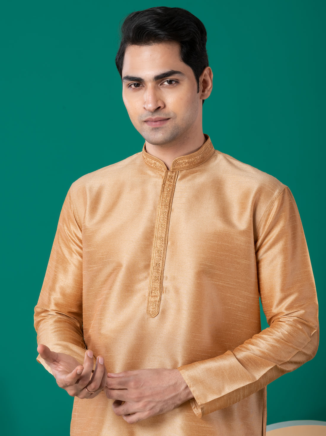 Mens Beige Embroidered Art Silk Kurta