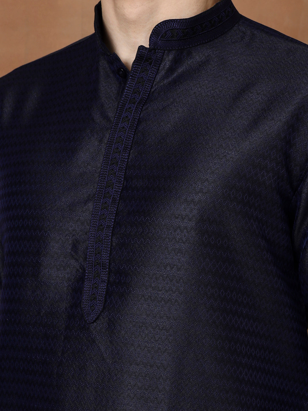 Mens Navy Blue Self Design Jacquard Silk Kurta