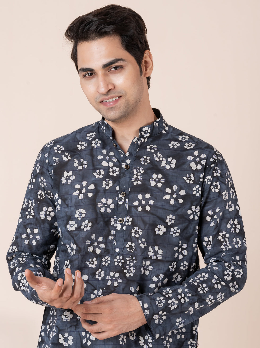 Mens Navy Blue Floral Printed Cotton Kurta