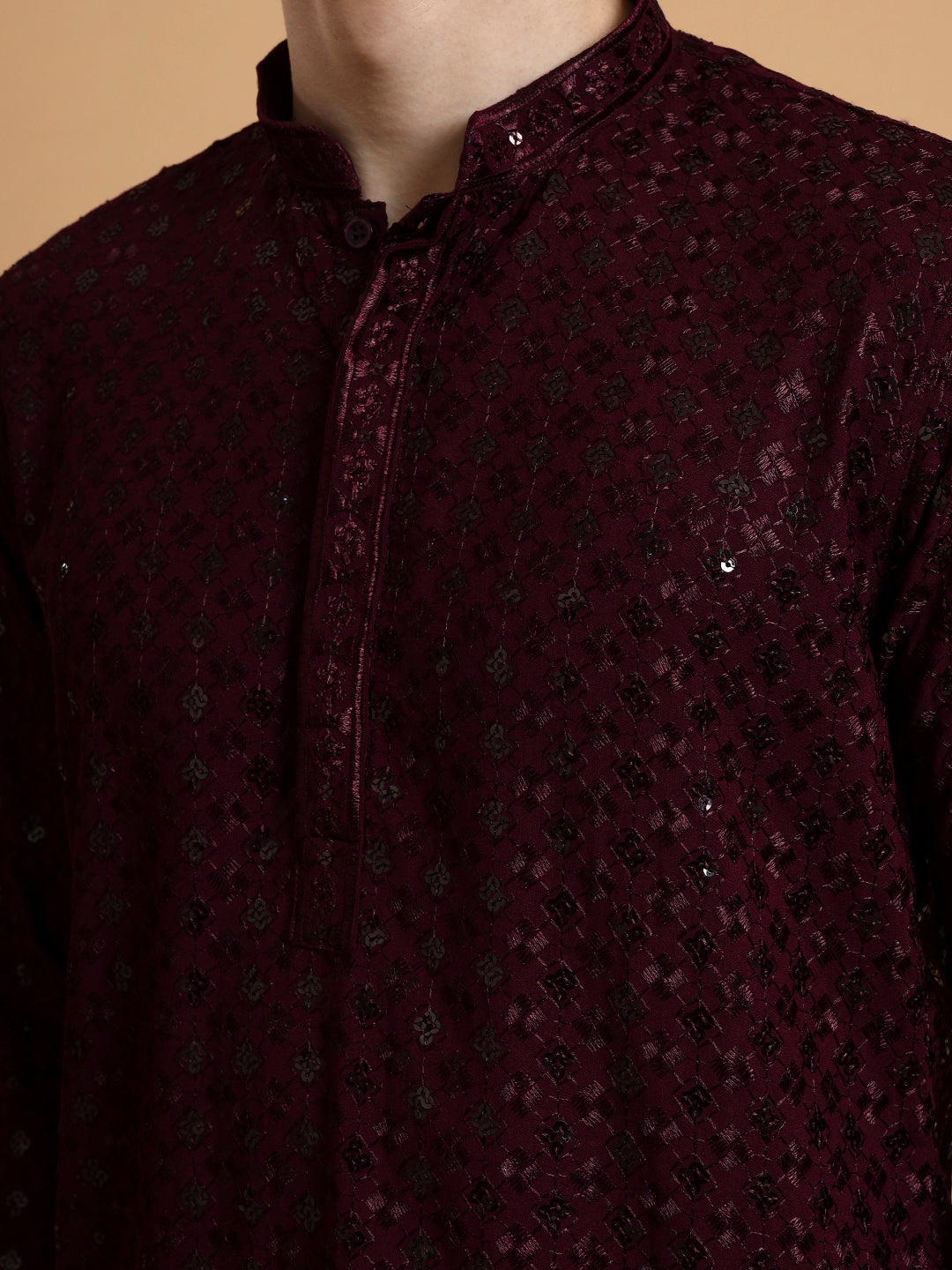 Mens Purple Sequins Work Viscose Rayon Kurta