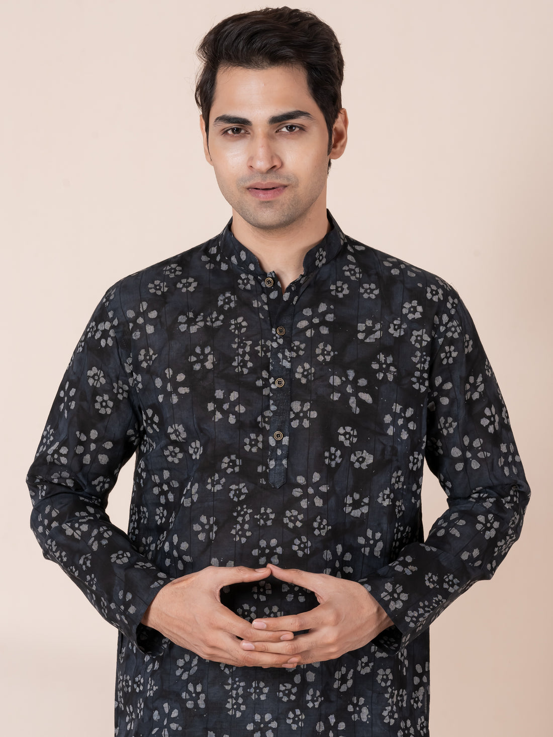 Mens Black Floral Printed Cotton Kurta