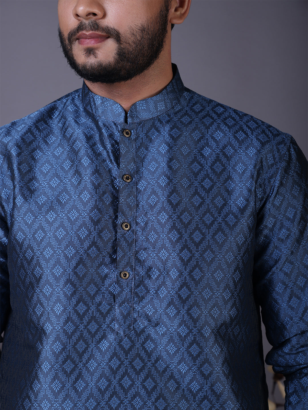 Mens Blue Self Design Cotton Silk Kurta