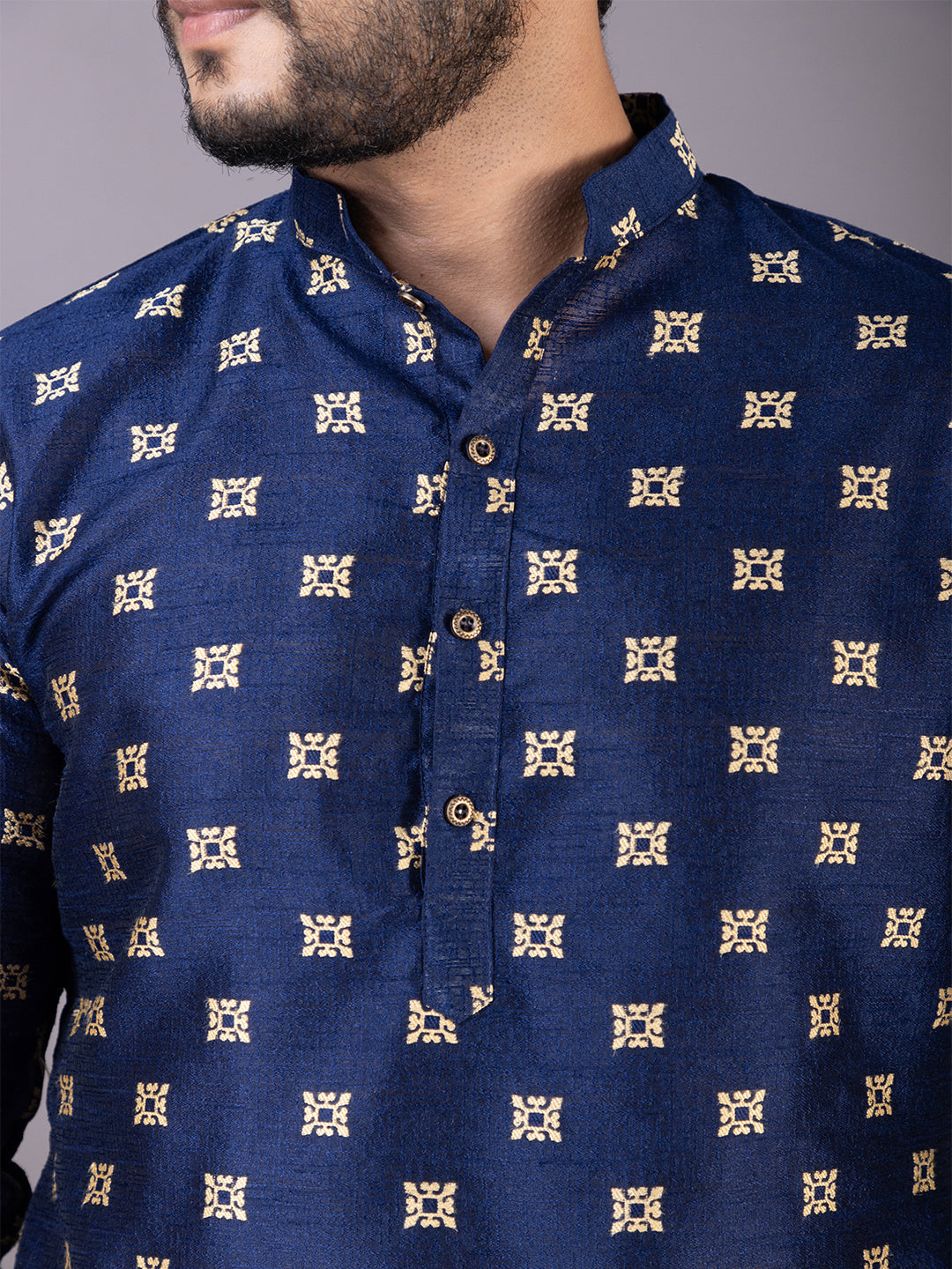 Mens Navy Blue Motif Embroidered Jacquard Kurta