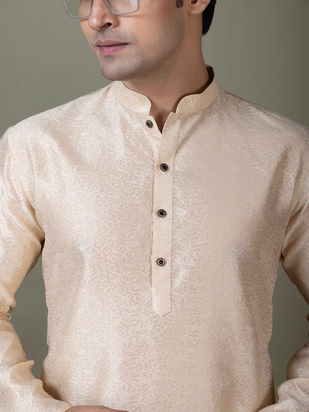 Mens Beige Self Design Jacquard Kurta