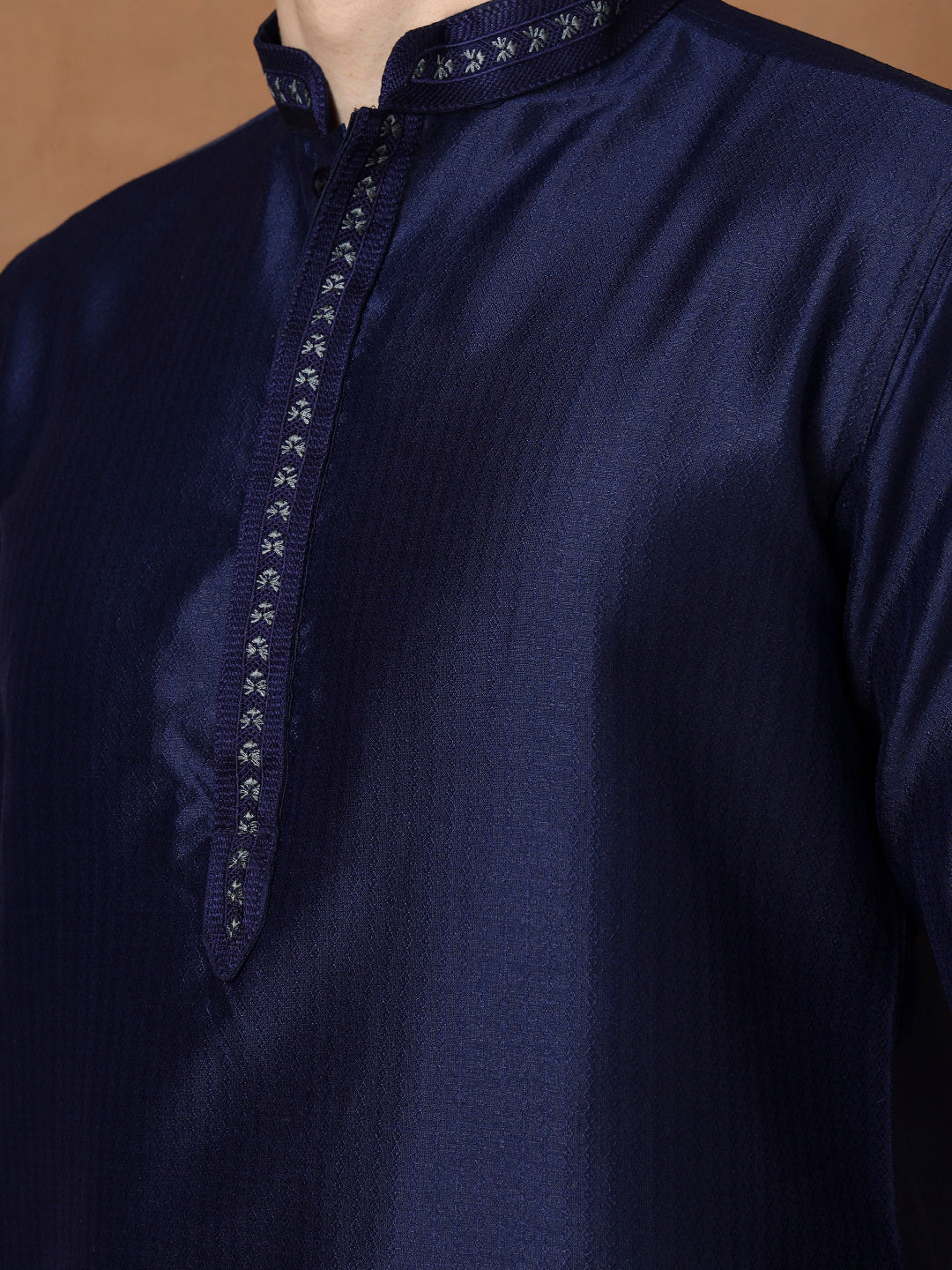Mens Navy Blue Self Design Jacquard Silk Kurta