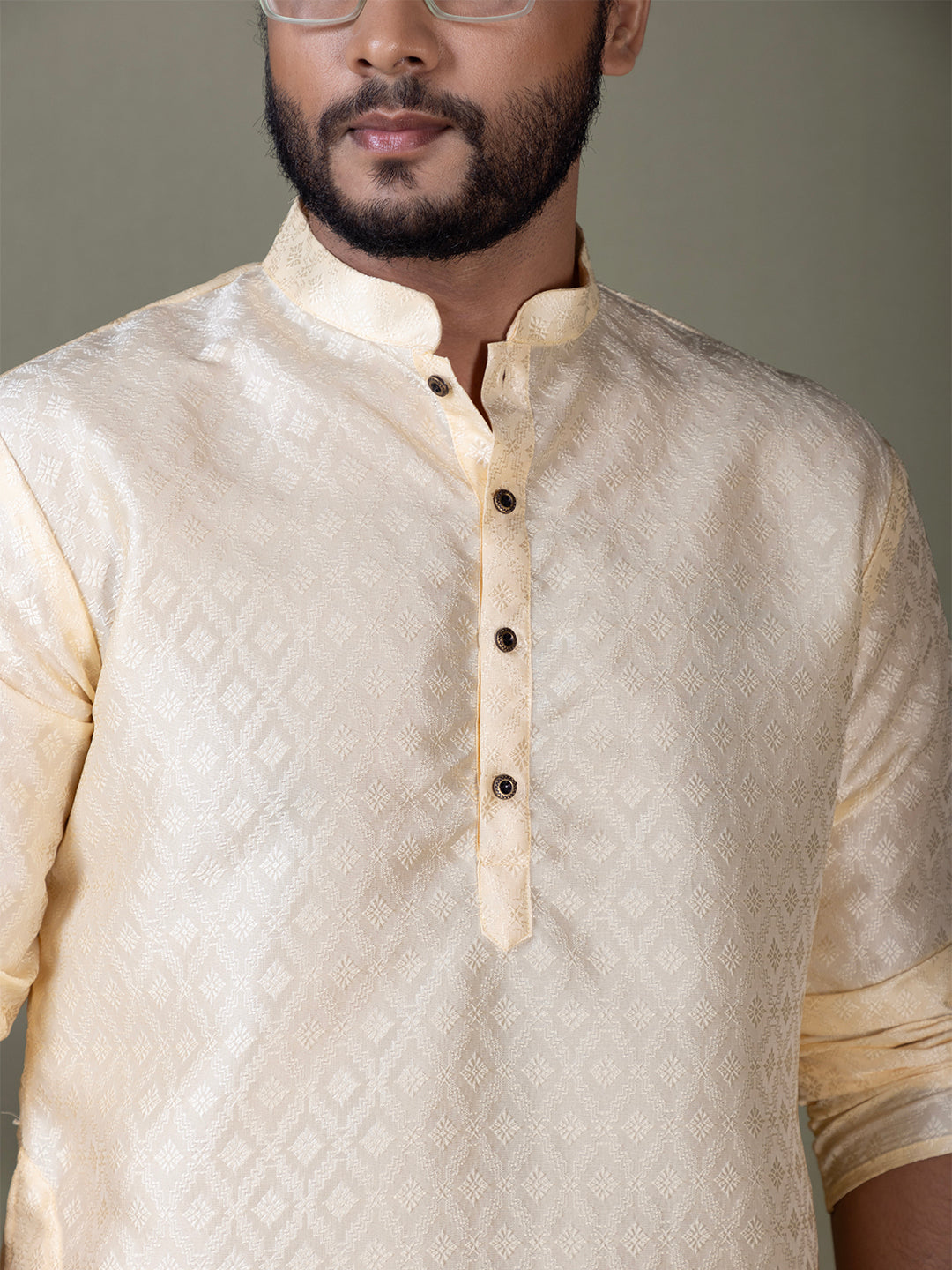 Mens Beige Self Design Cotton Silk Kurta