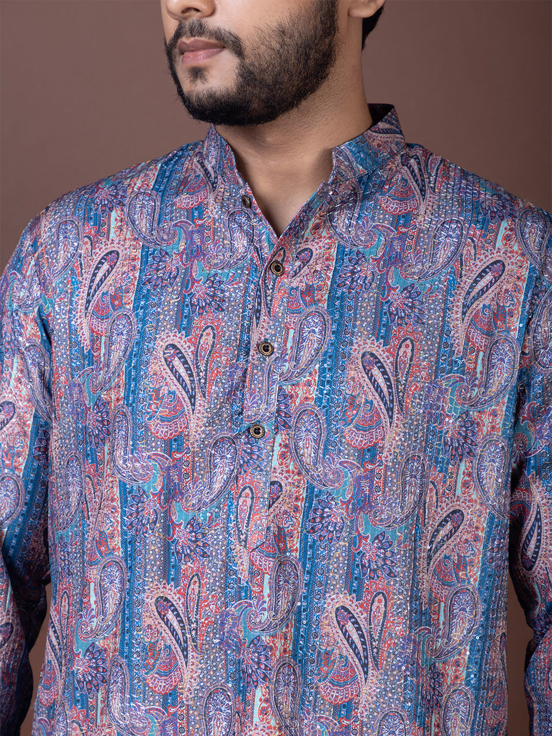 Mens Blue Sequins Embellished Cotton Kurta