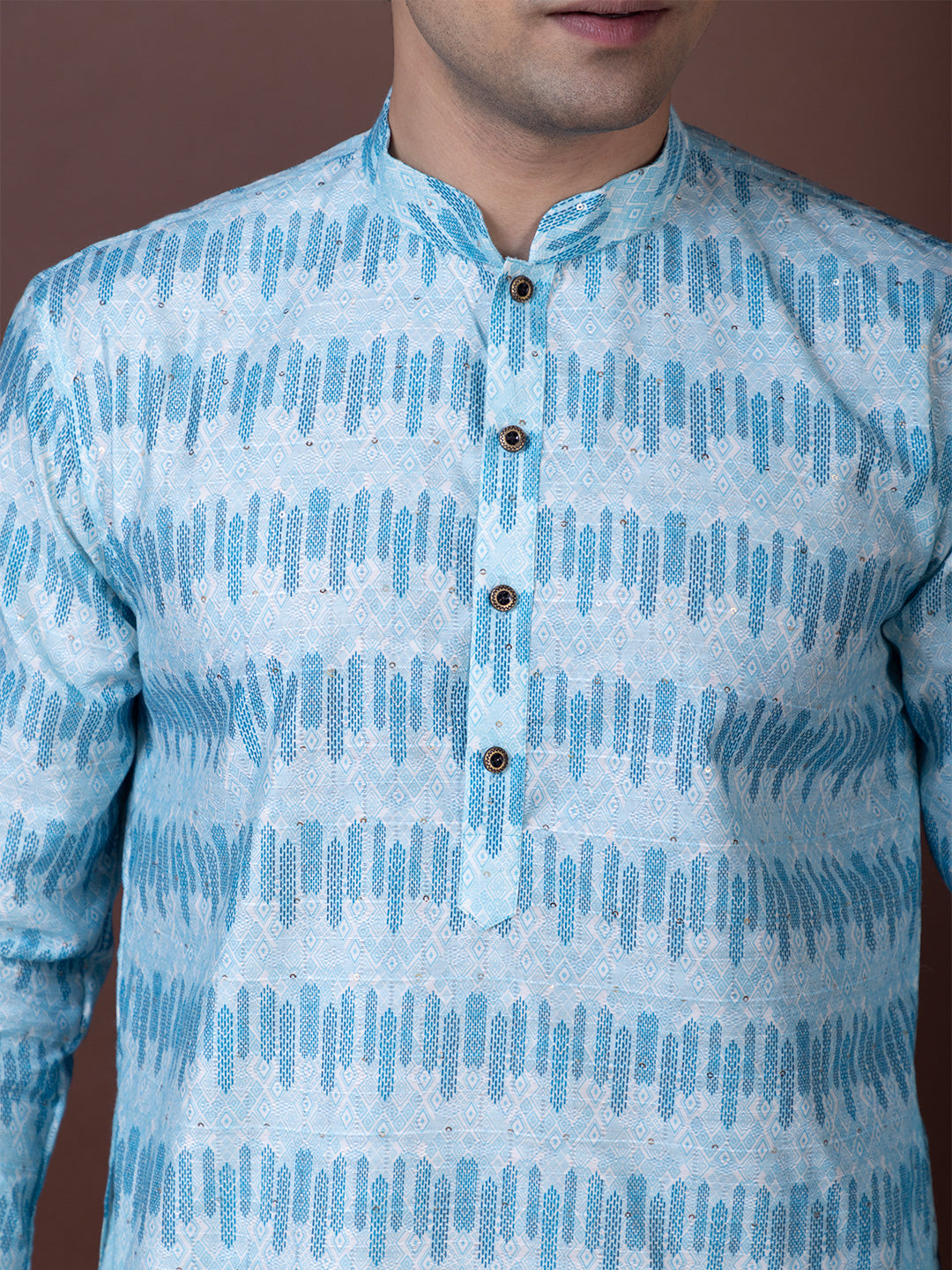 Mens Blue Sequins Work Cotton Silk Kurta