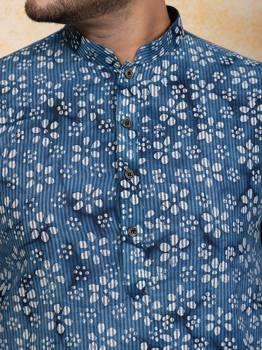 Mens Blue Floral Printed Cotton Kurta