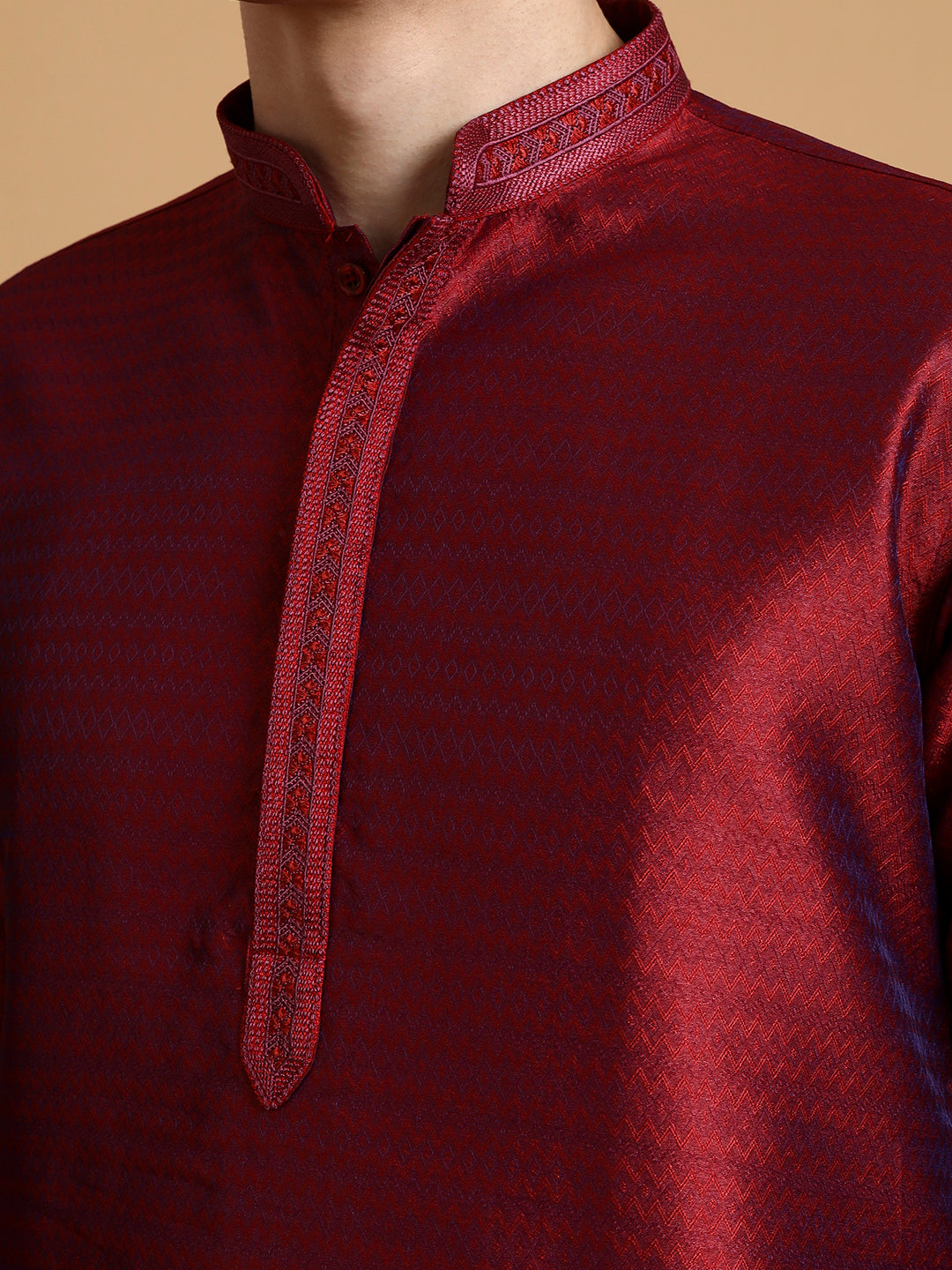 Mens Maroon Self Design Jacquard Silk Kurta