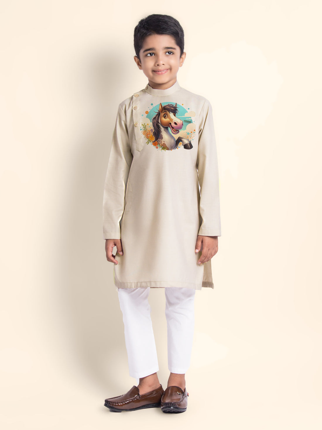 Boys Beige Printed Kurta
