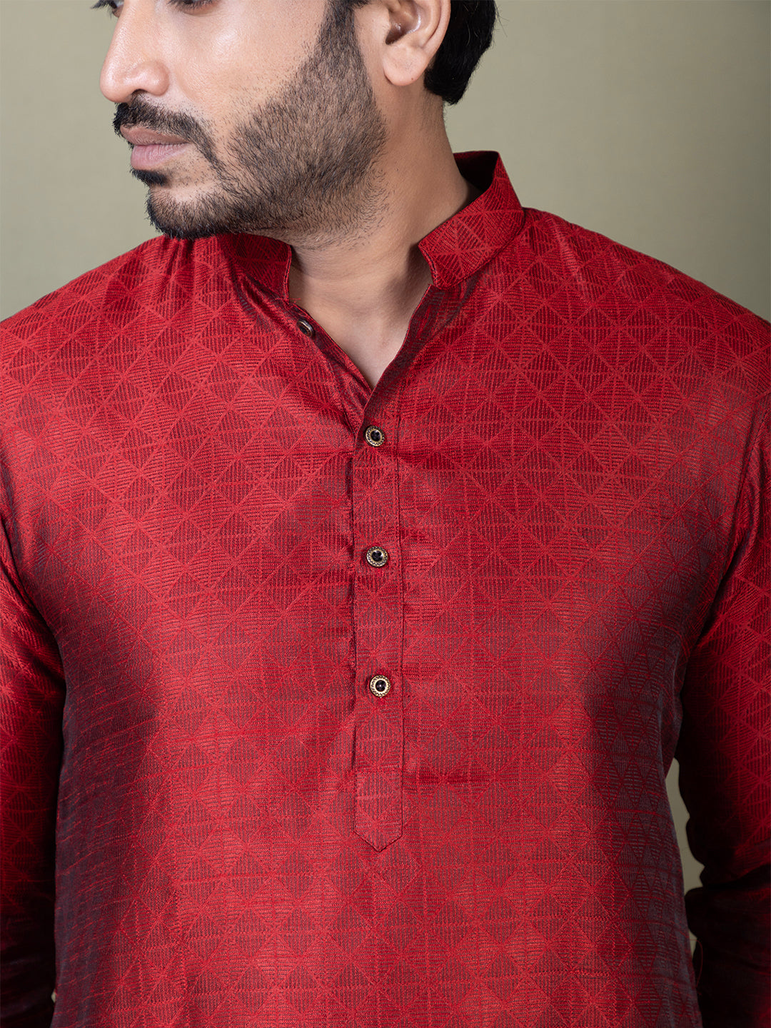 Mens Red Self Design Jacquard Kurta
