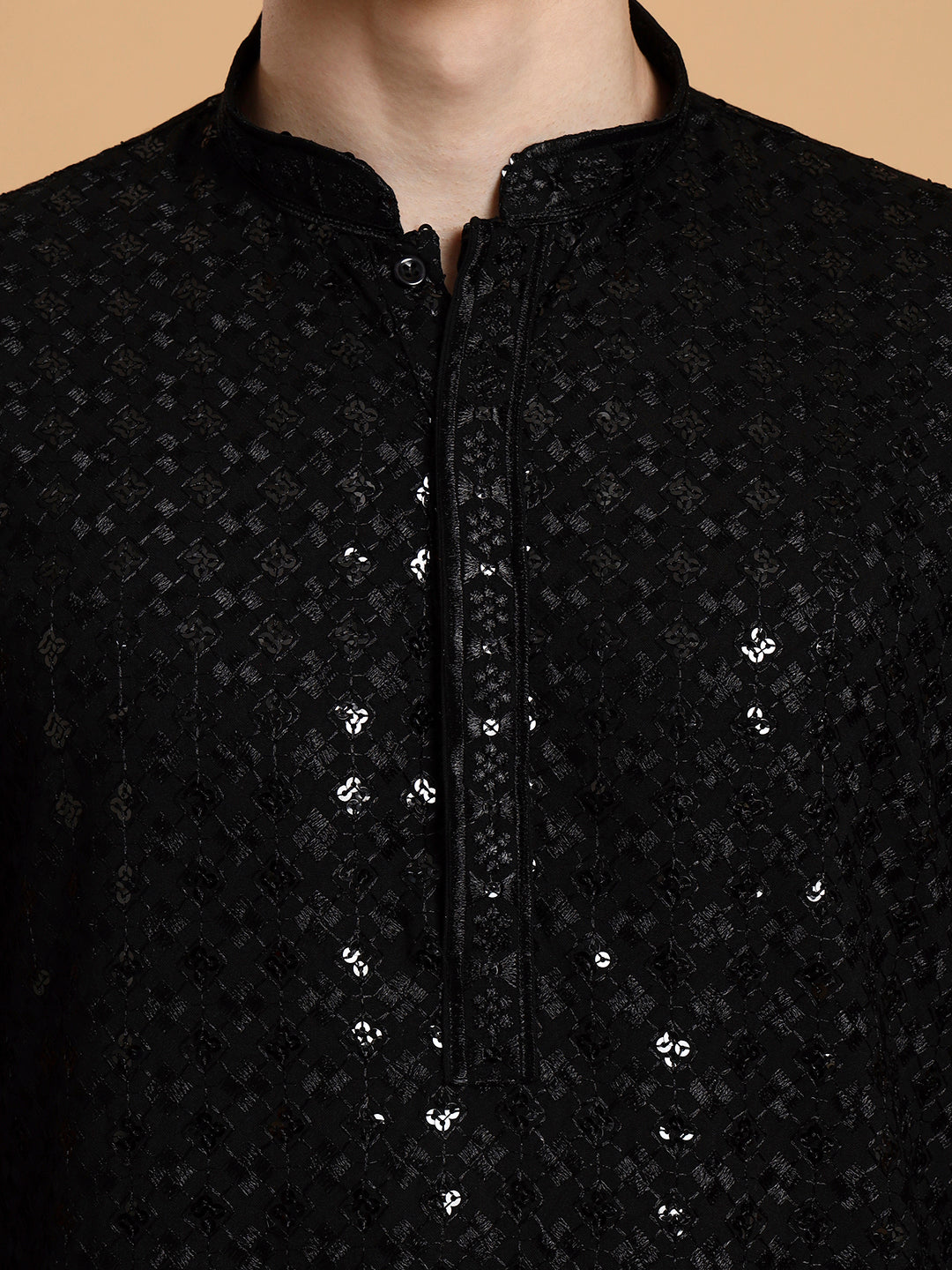 Mens Black Sequins Work Viscose Rayon Kurta