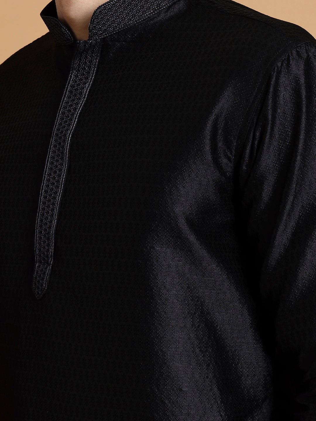 Mens Black Self Design Jacquard Silk Kurta