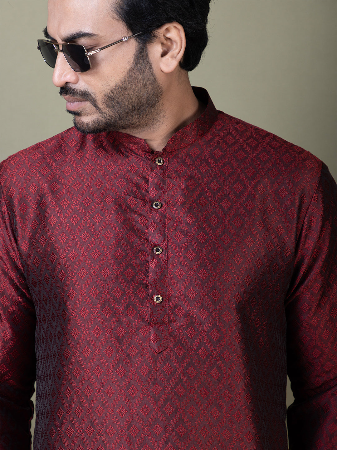 Mens Maroon Self Design Cotton Silk Kurta