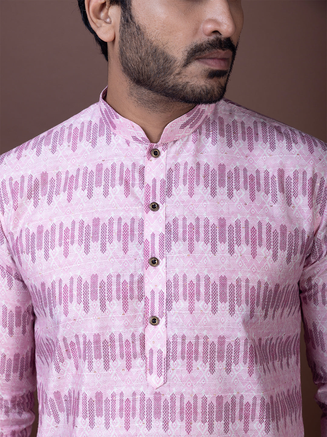Mens Pink Sequins Work Cotton Silk Kurta