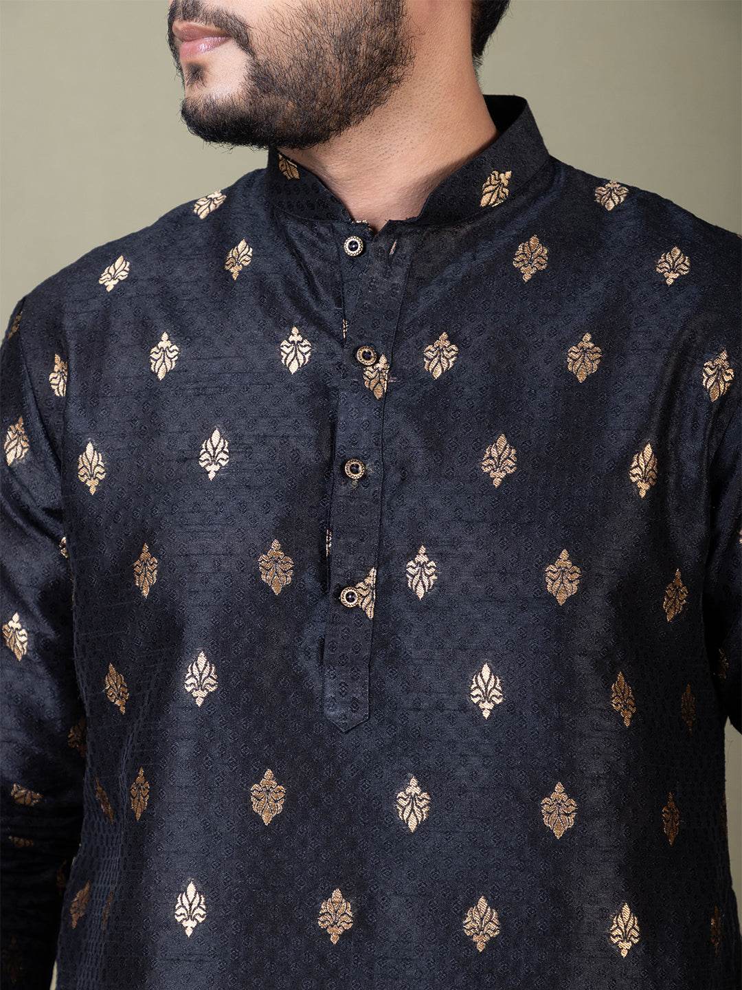 Mens Black Motif Embroidered Jacquard Kurta