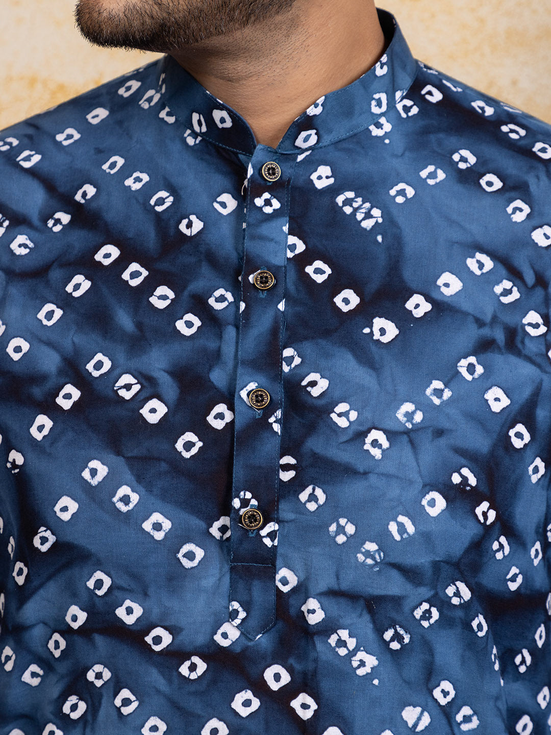 Mens Navy Blue Bandhani Printed Cotton Kurta