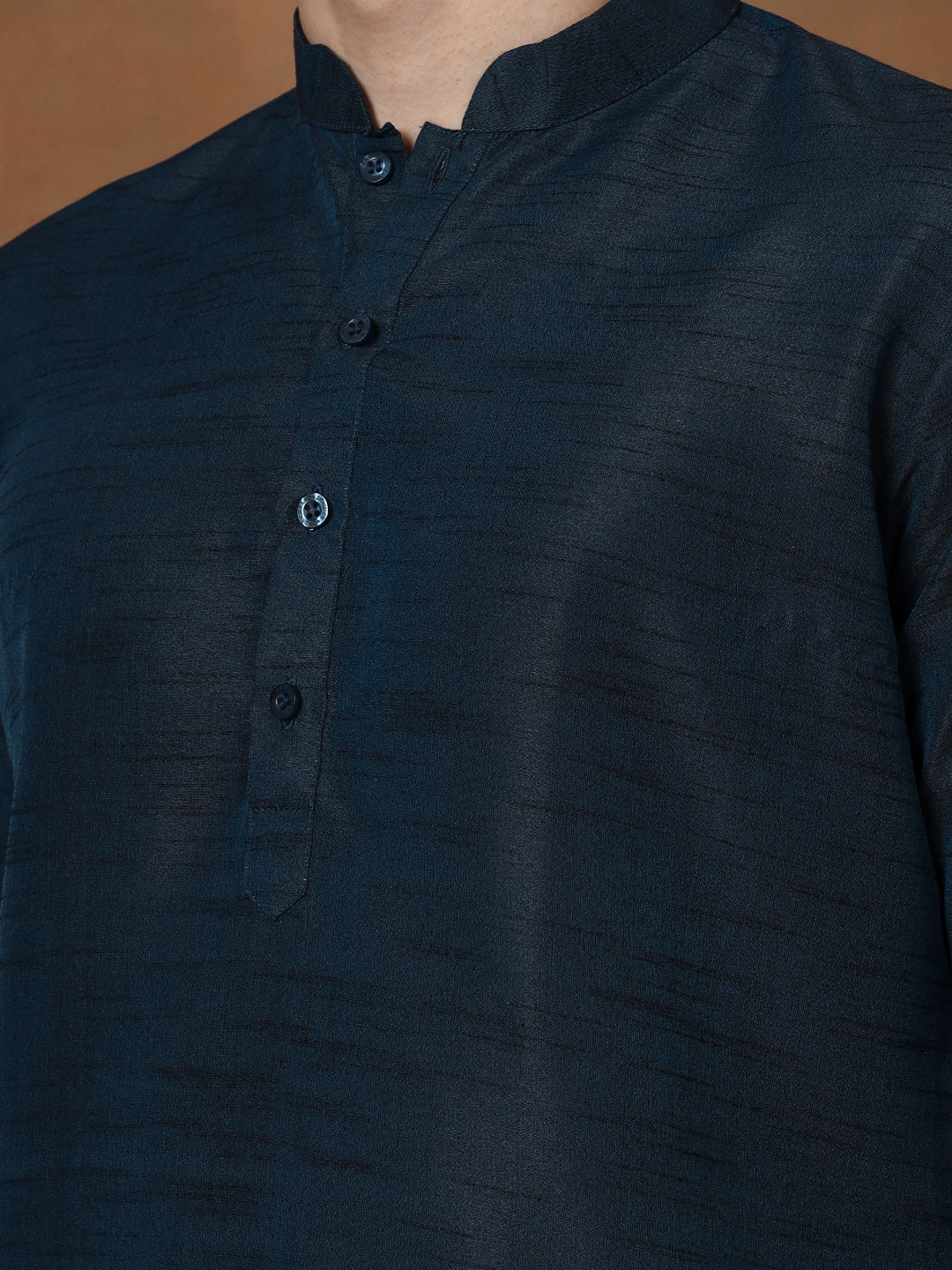Mens Navy Blue Solid Art Silk Kurta