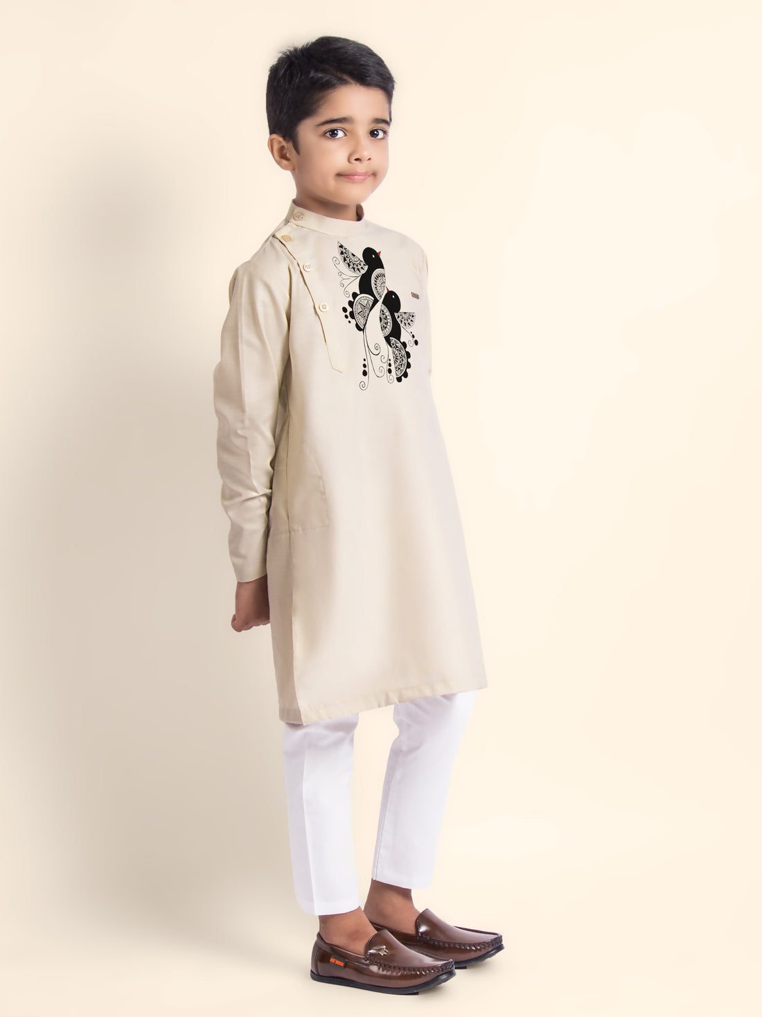 Boys Beige Printed Kurta