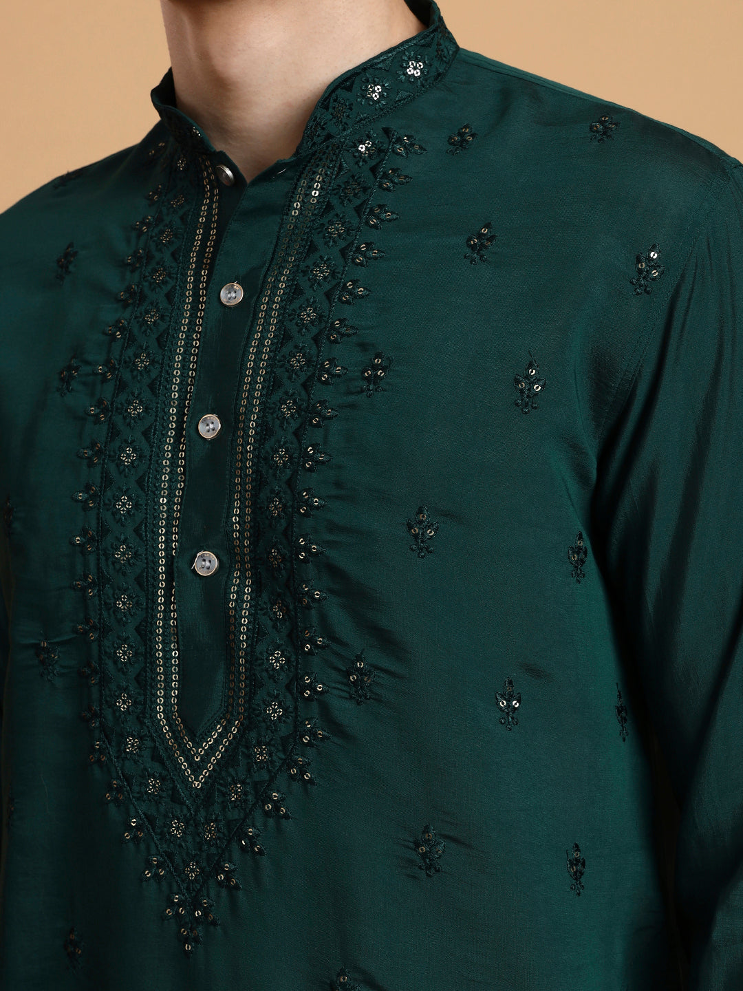 Mens Green Thread & Mirror Work Modal Silk Kurta