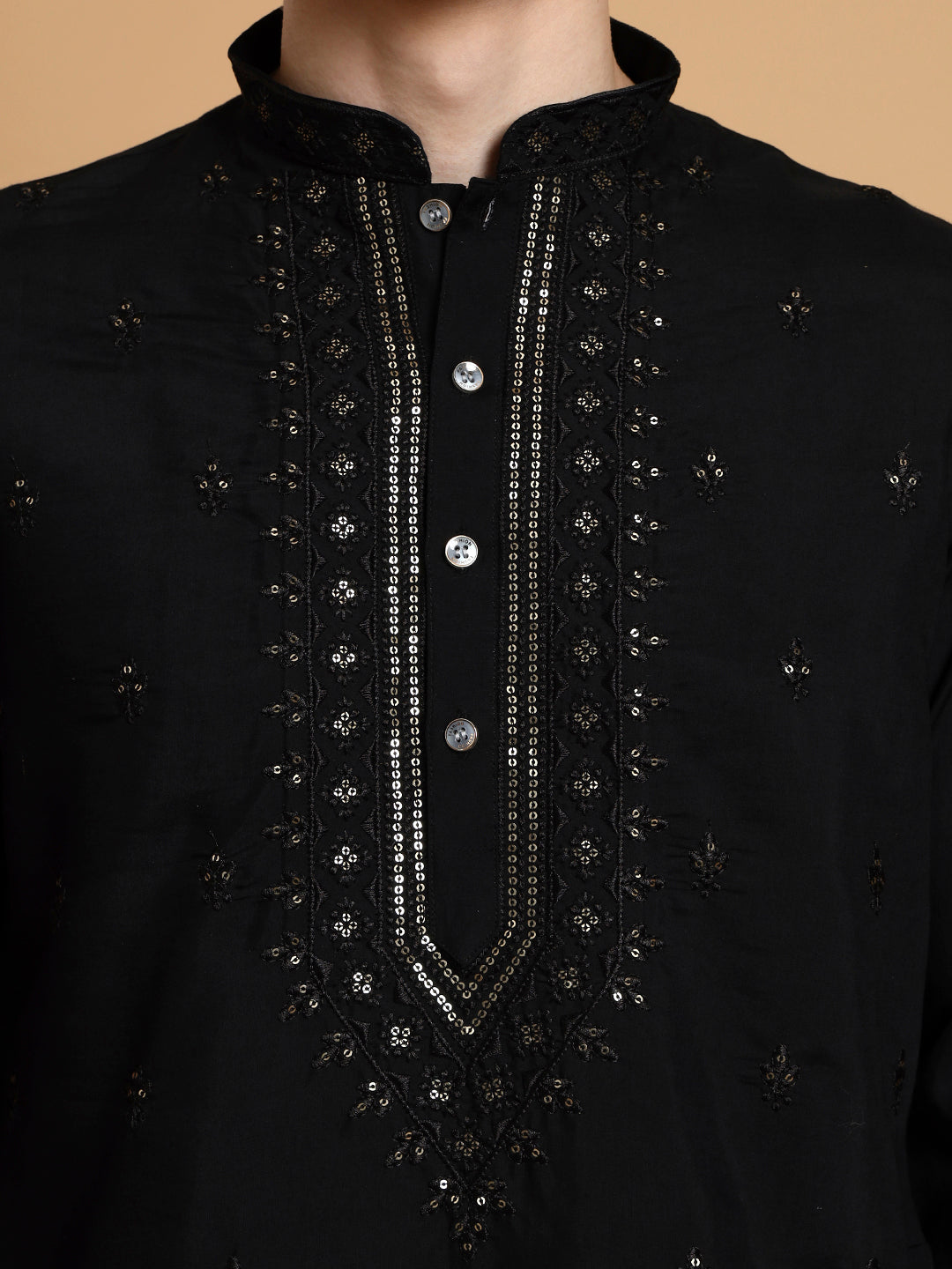 Mens Black Thread & Mirror Work Modal Silk Kurta