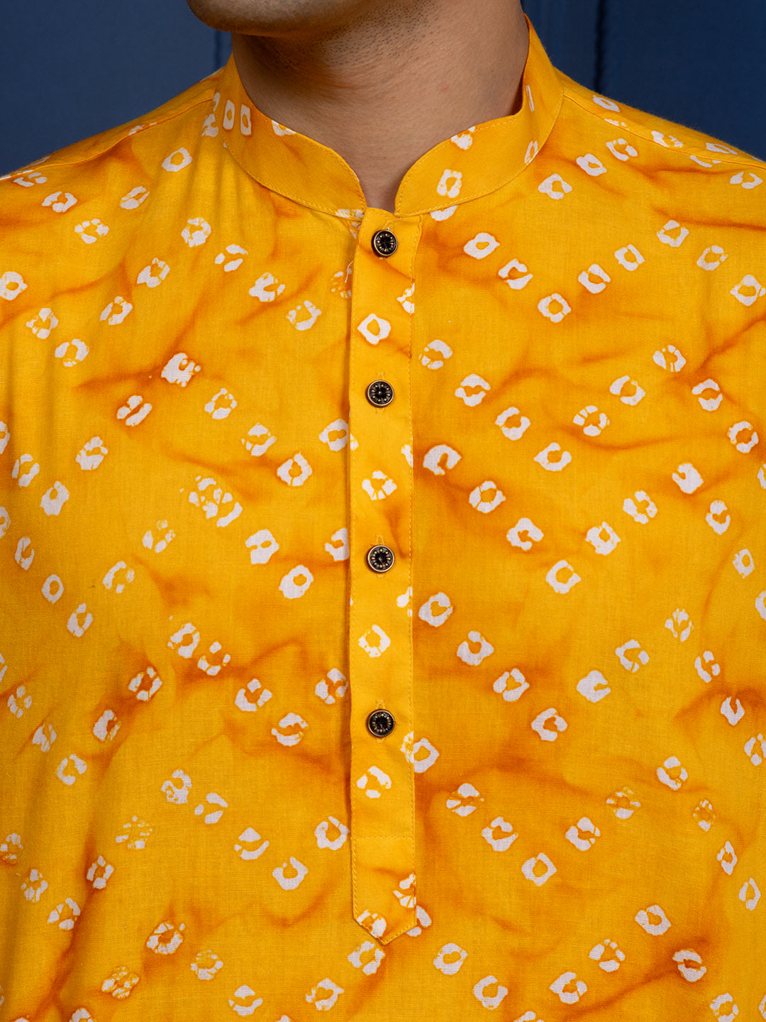 Mens Yellow Bandhani Printed Cotton Kurta