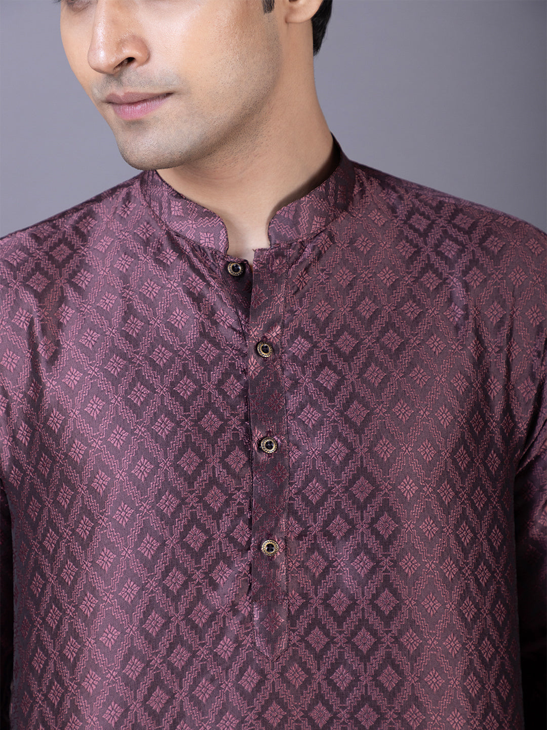 Mens Purple Self Design Cotton Silk Kurta