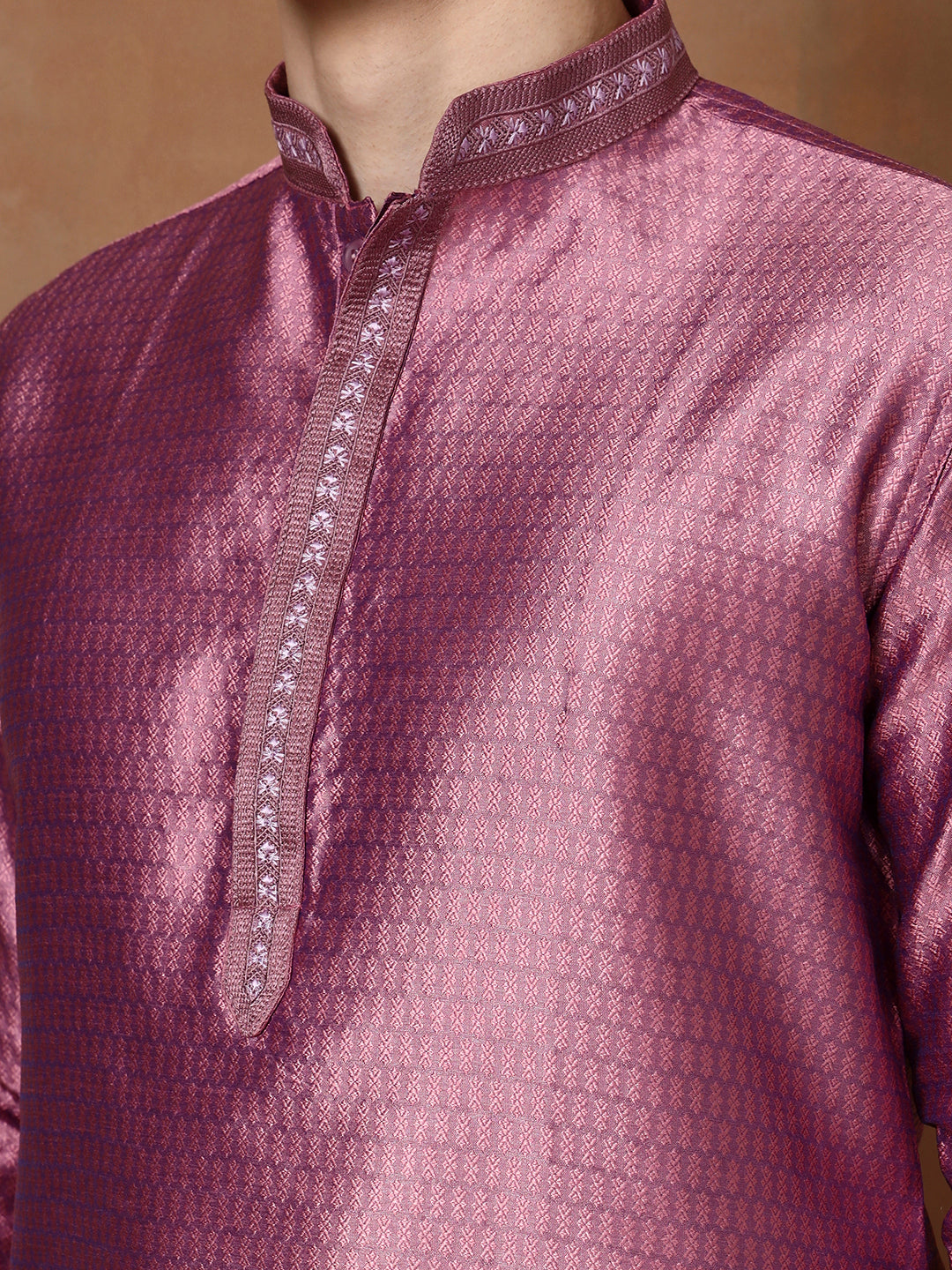Mens Purple Self Design Jacquard Silk Kurta