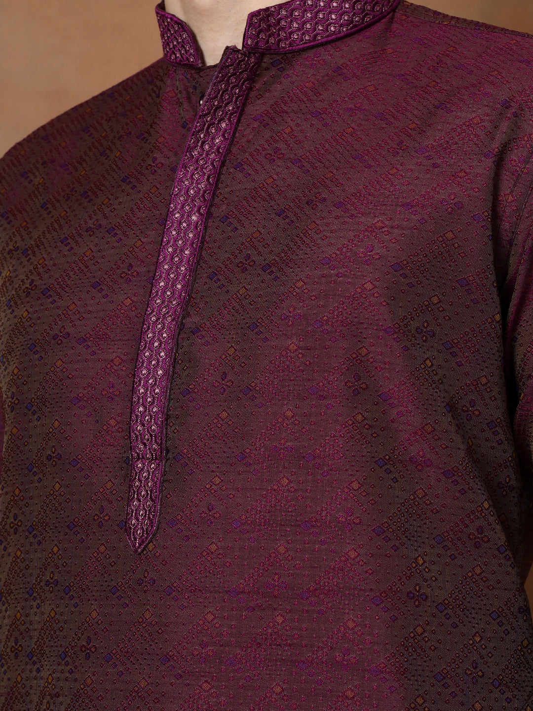 Mens Purple Self Design Jacquard Silk Kurta