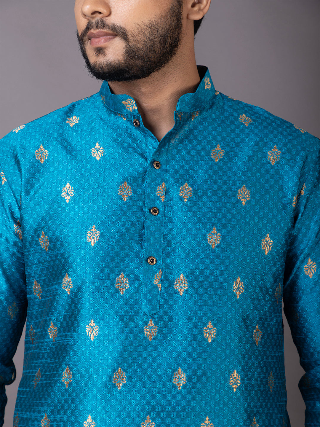 Mens Turquoise Blue Motif Embroidered Jacquard Kurta