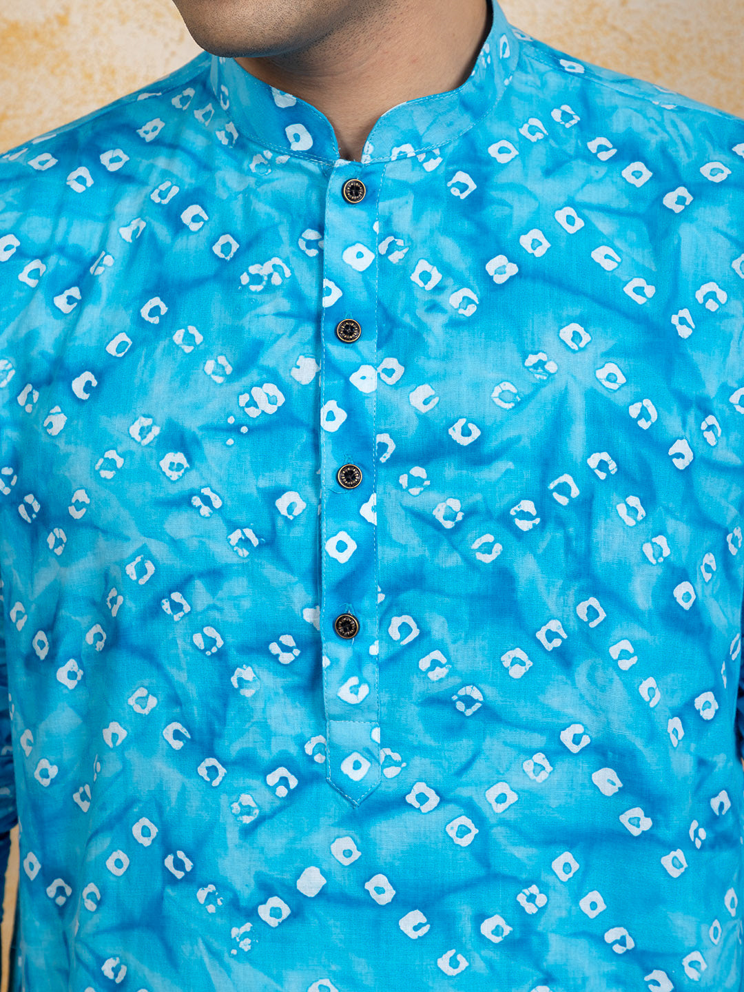 Mens Blue Bandhani Printed Cotton Kurta
