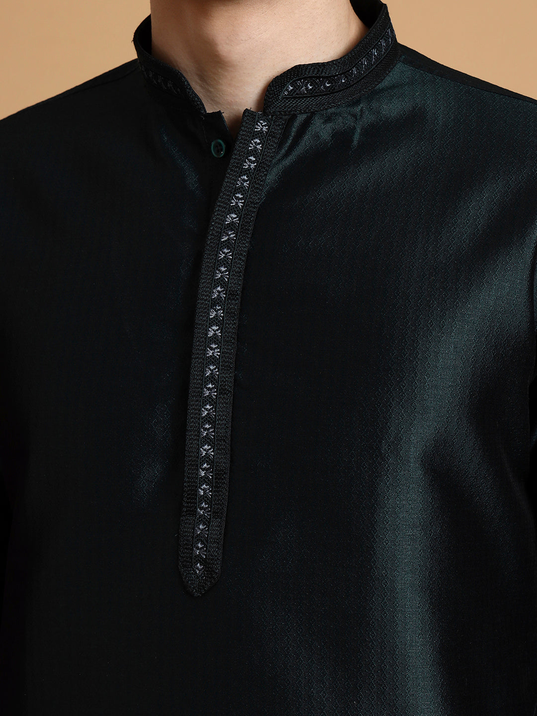 Mens Green Self Design Jacquard Silk Kurta