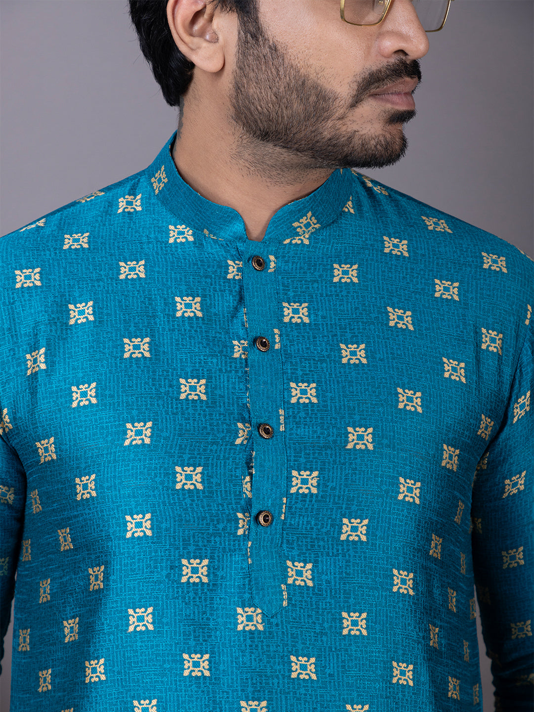 Mens Turquoise Blue Motif Embroidered Jacquard Kurta