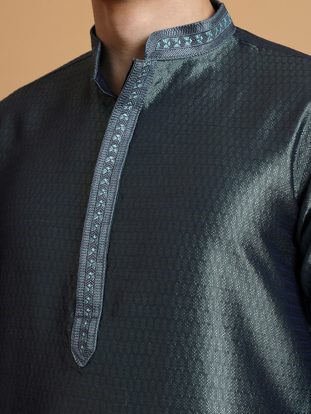 Mens Teal Green Self Design Jacquard Silk Kurta