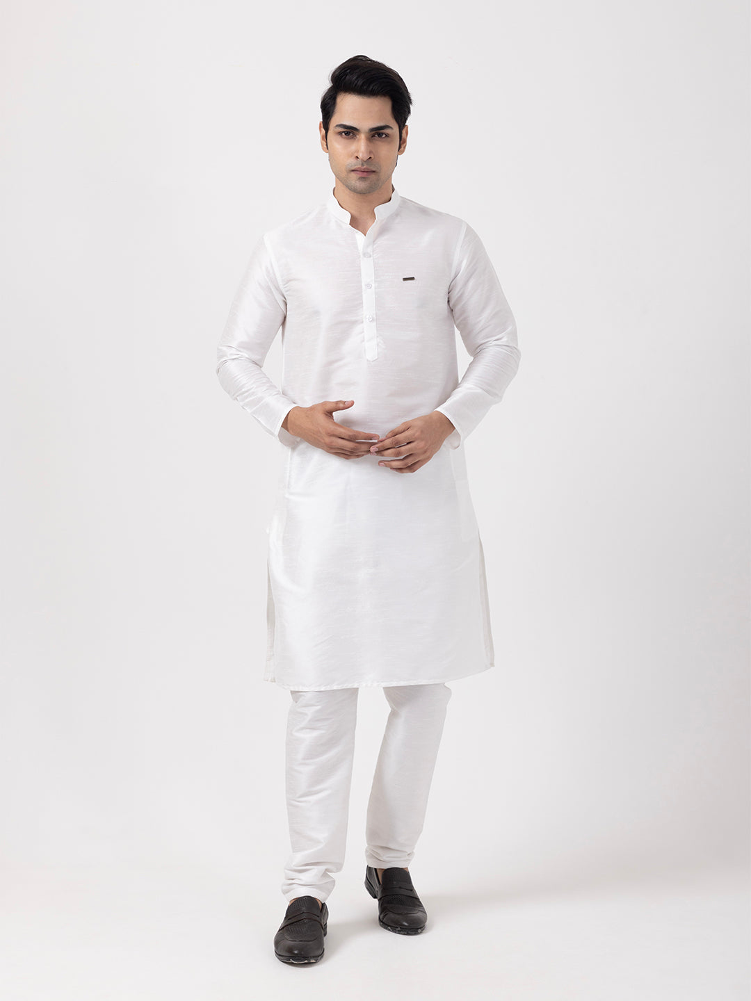 Mens White Solid Art Silk Kurta
